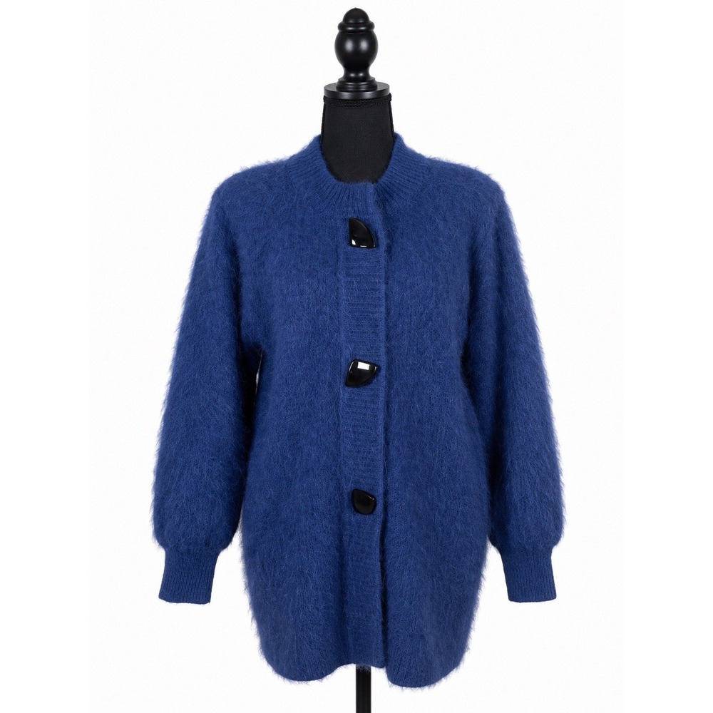 Angora blend Fuzzy Vintage VENESHA Blue Lined Sweater Coat S Sweater Button
